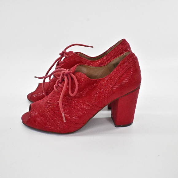 SEYCHELLES Womens Eternity Peep‎ Toe Oxford Heels Sz 6 Red Shimmer Lace Up Retro - Picture 6 of 9